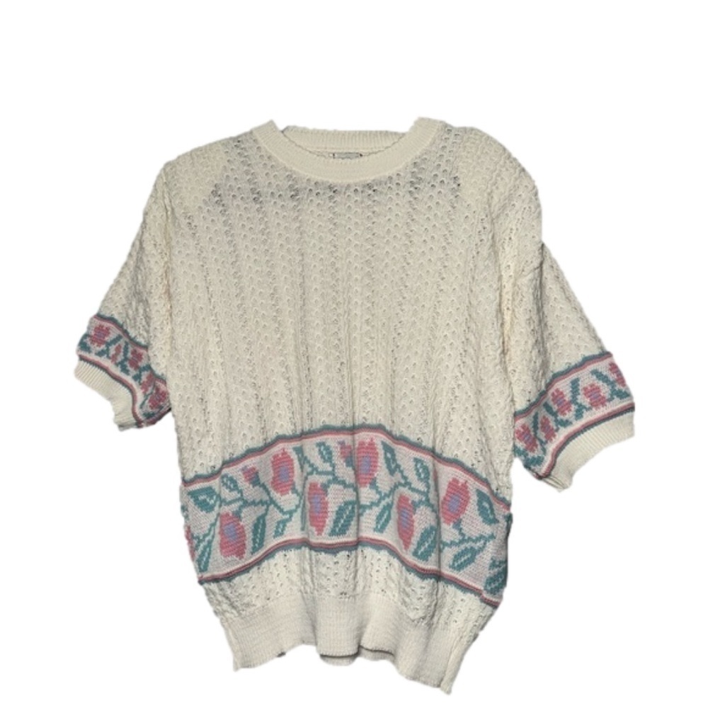 Cricket Lane Vintage Knit Sweater, Short Sleeves, Flowers, Size Large